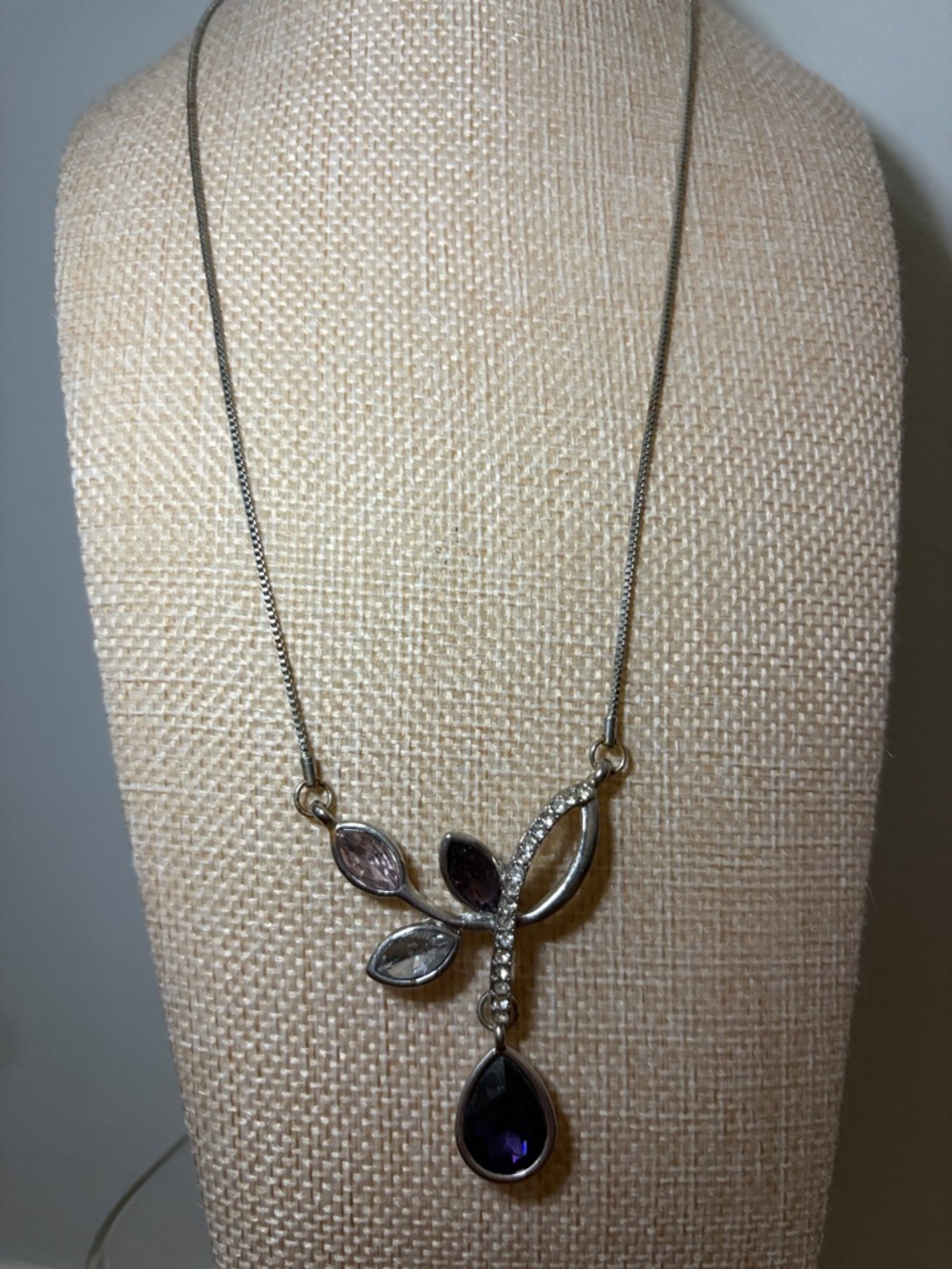Silver-Tone Purple Teardrop Pendant Necklace